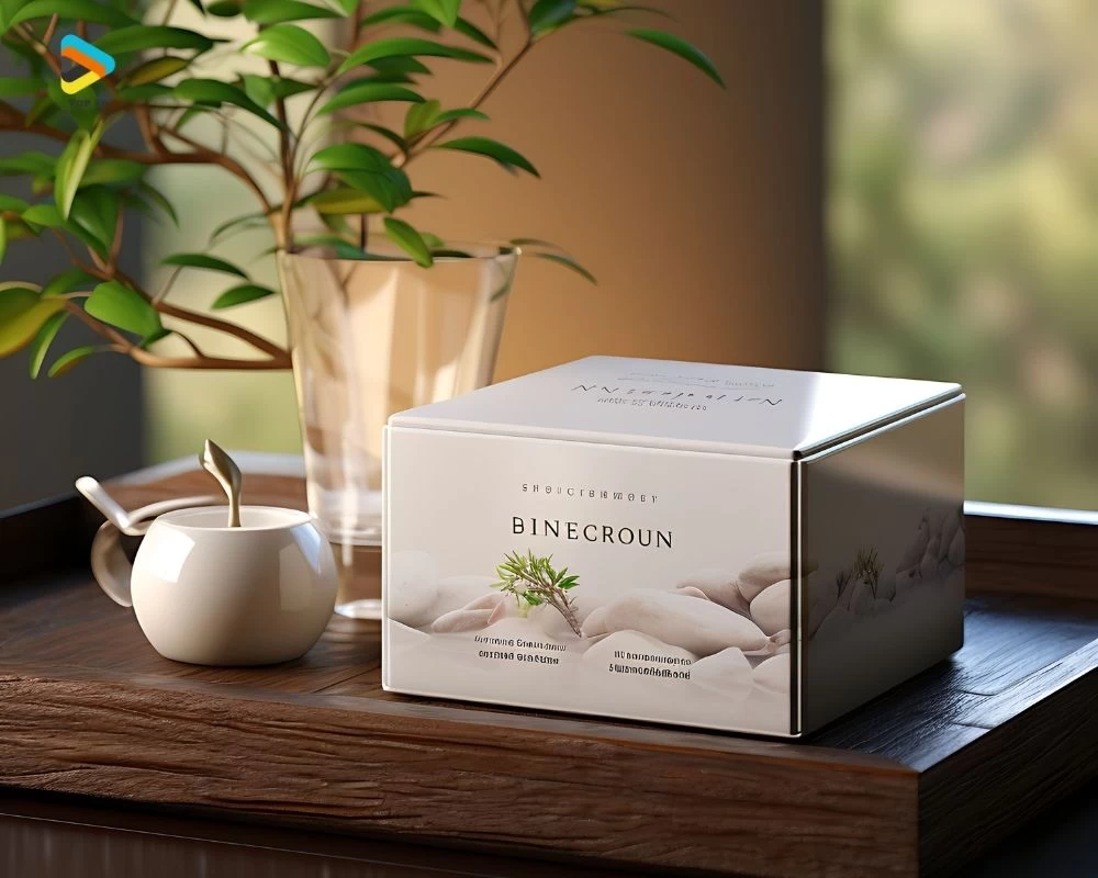 Hộp giấy đựng trà màu trắng với họa tiết đơn giản