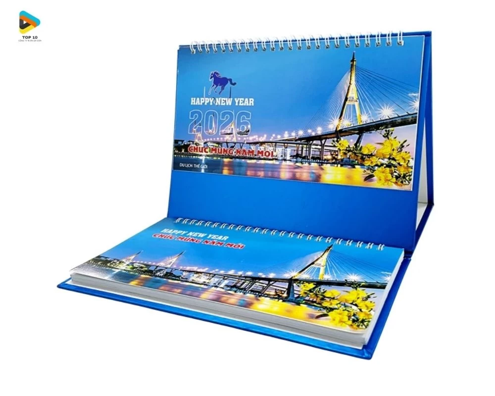 Mẫu lịch để bàn chữ M có hình ảnh cây cầu