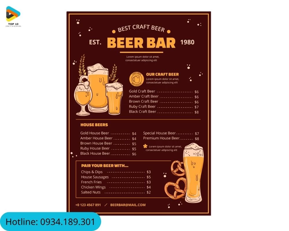 Menu quán nhậu A4 dáng đứng