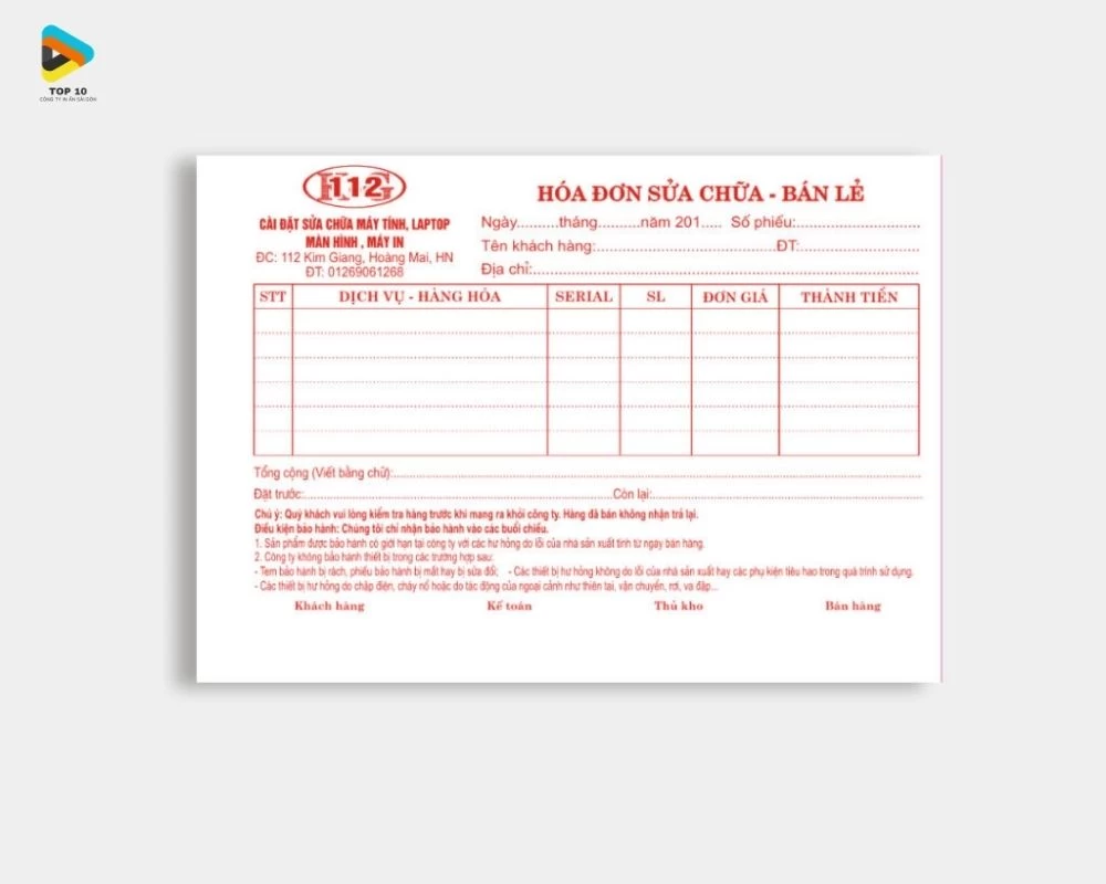 Mẫu hóa đơn sửa chữa, bán lẻ