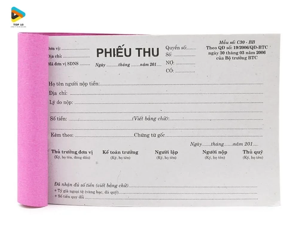 Mẫu phiếu thu, có bìa màu hồng