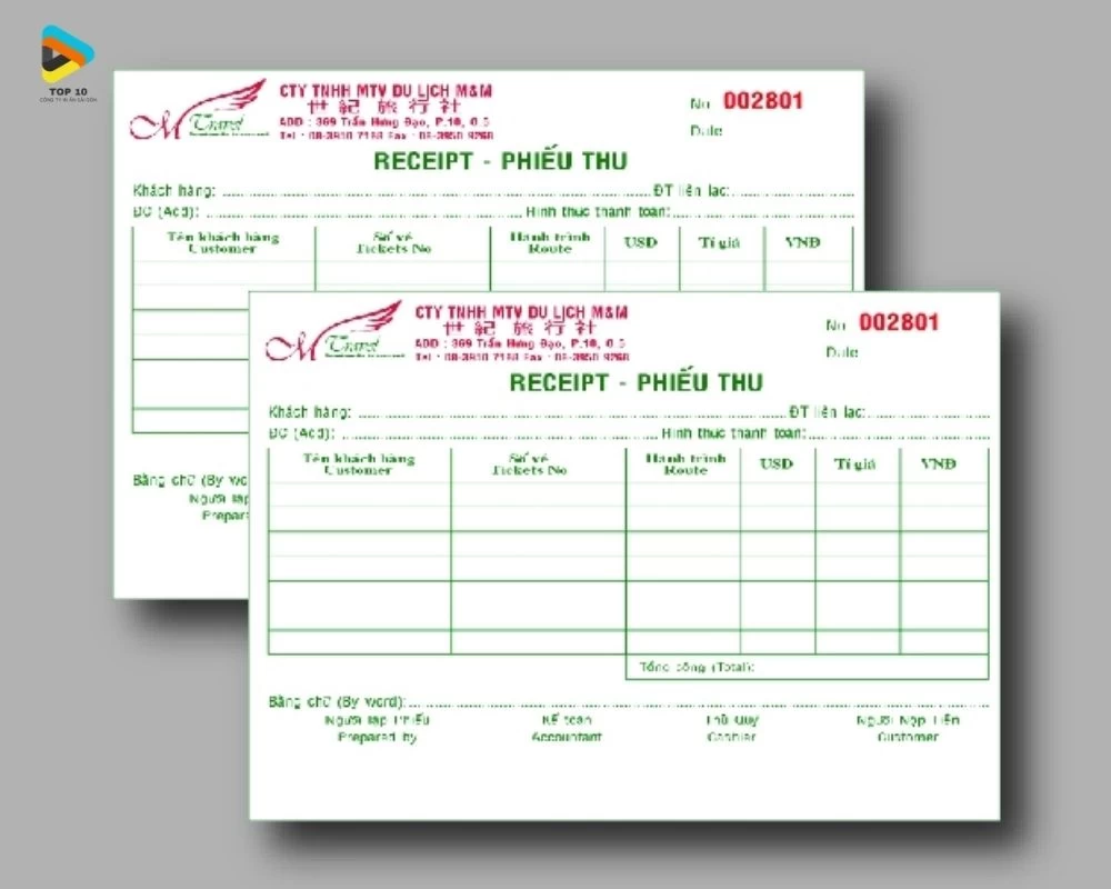 Mẫu phiếu thu công ty du lịch