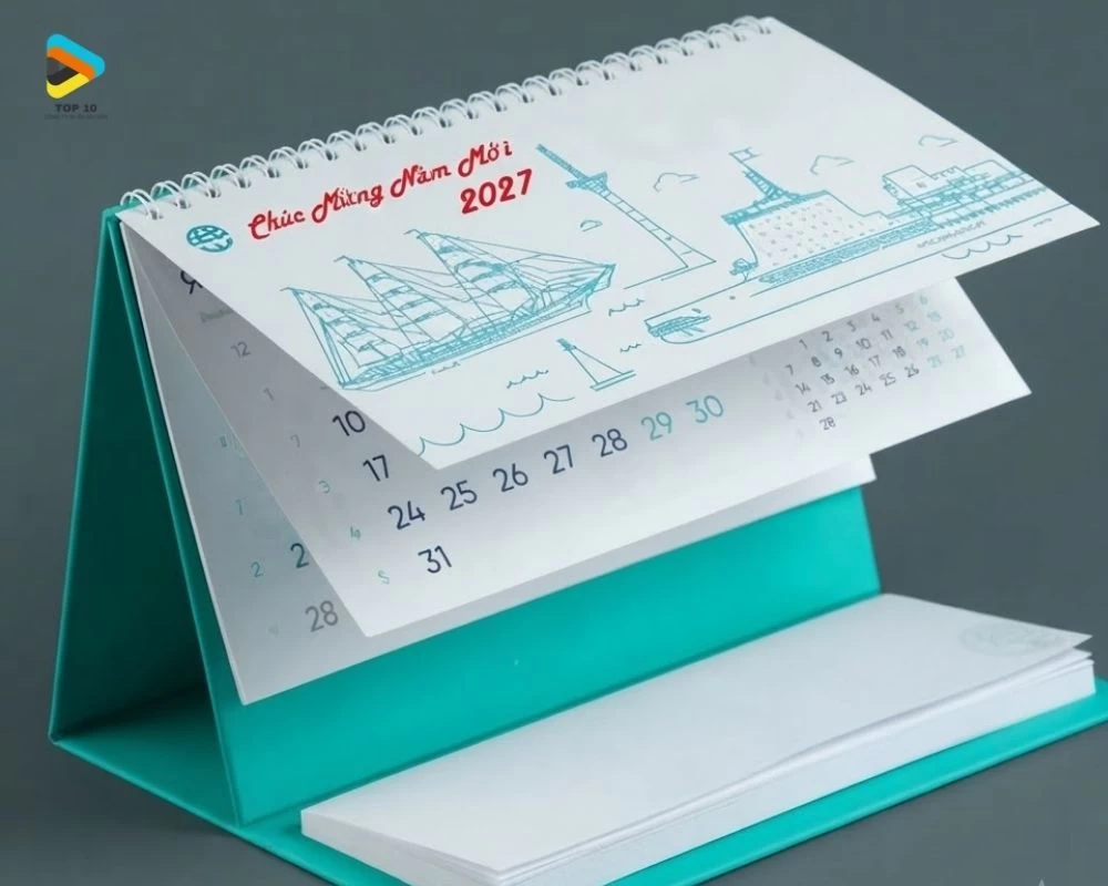 Lịch để bàn chữ M hình có màu bia xanh
