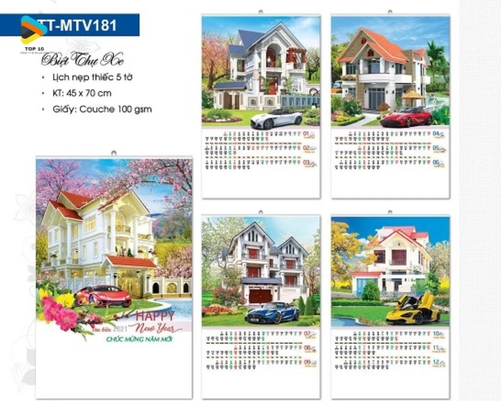 Mẫu lịch treo tường 5 tờ chủ đề Biệt Thự Xe