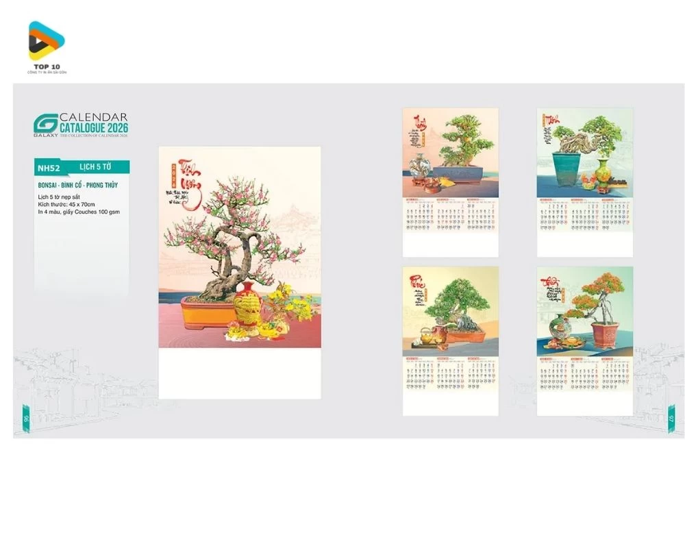 Mẫu lịch treo tường 5 tờ chủ đề Bonsai