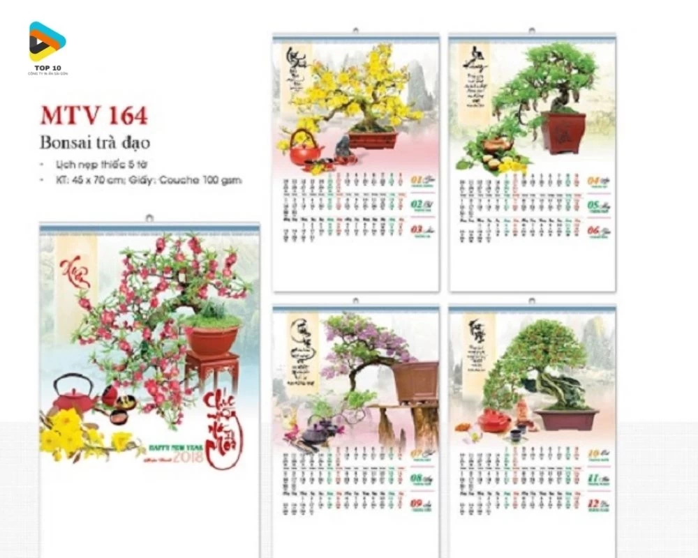 Mẫu lịch treo tường chủ đề Bonsai trà đạo