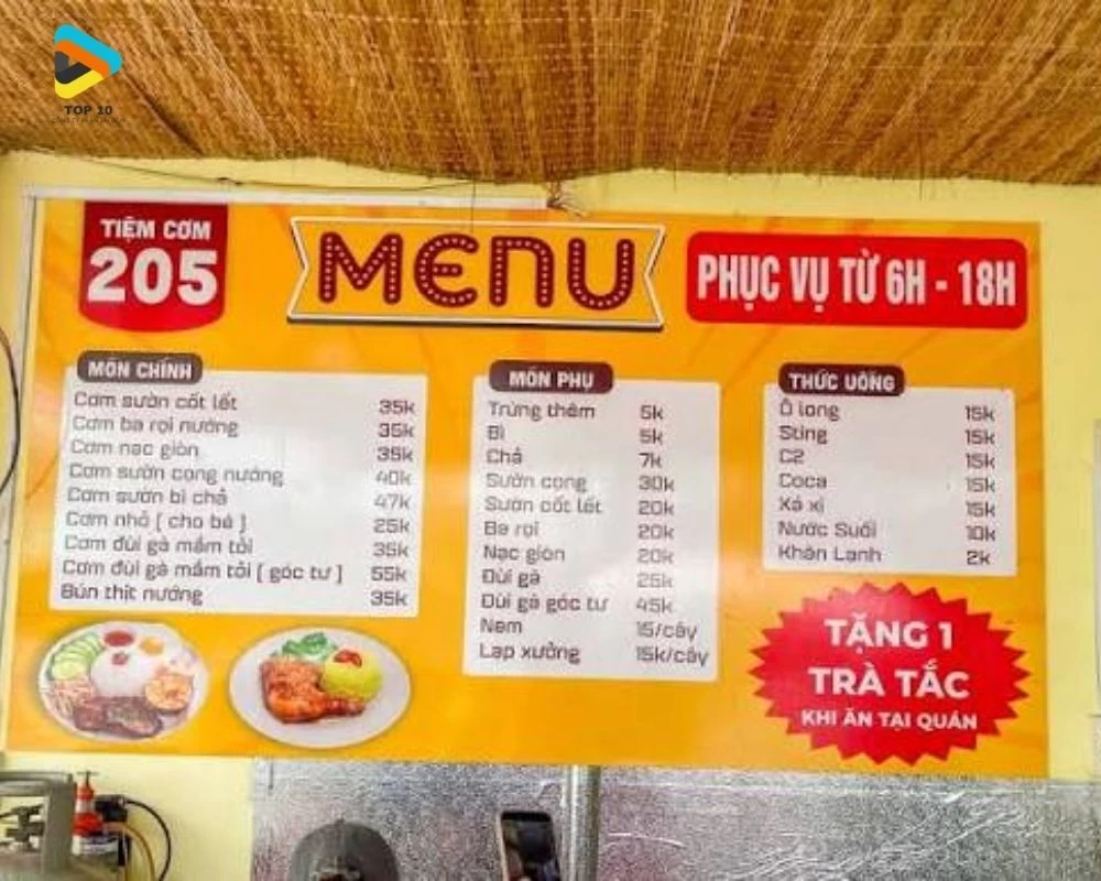 Mẫu menu cơm tấm tại tiệm cơm 205