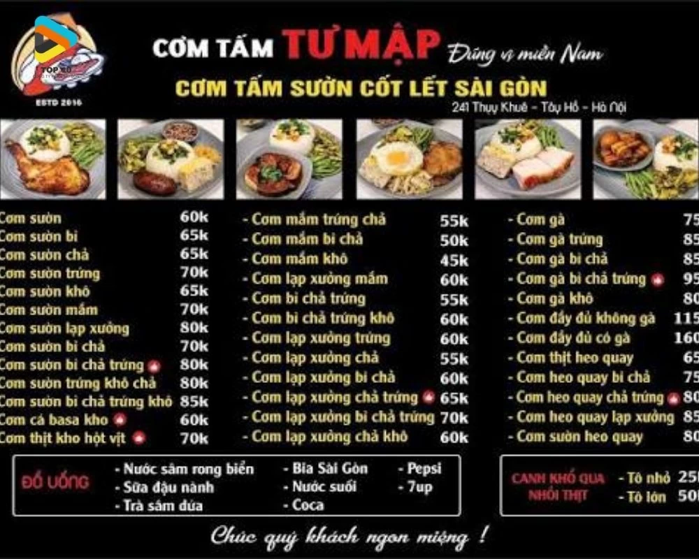 Mẫu menu cơm tấm Tư Mập