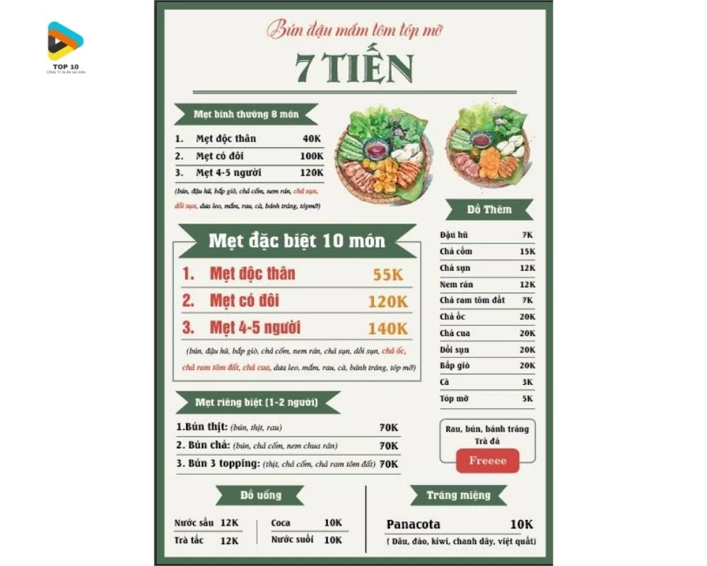 Menu bún đậu 7 Tiến