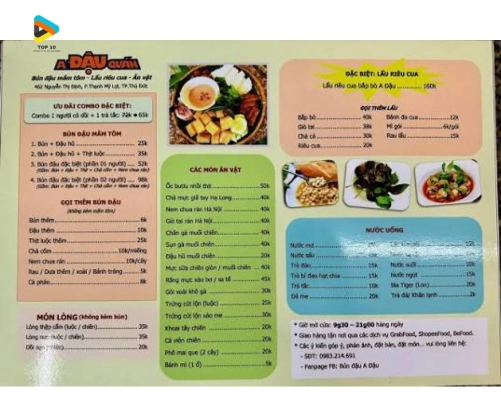 Menu bún đậu mắm tôm qán A Đậu Quán