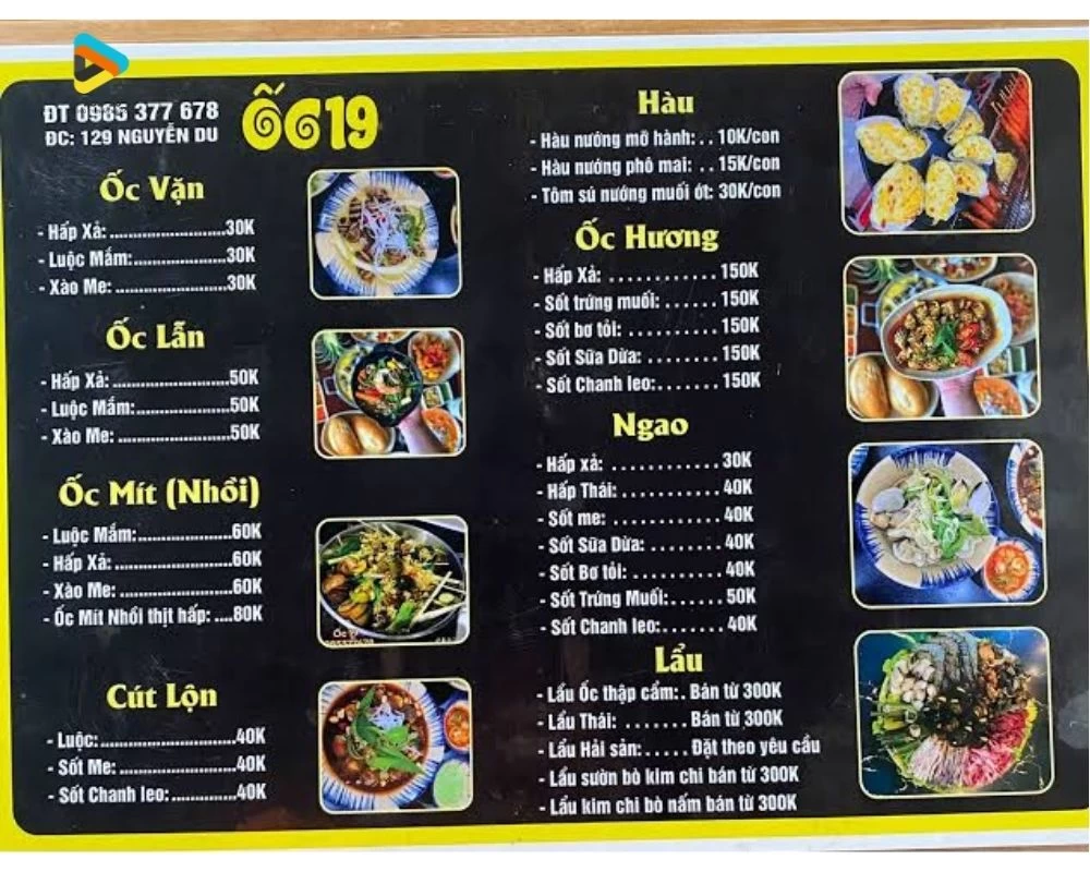 Menu bún đậu mắm tôm quán Ốc 19