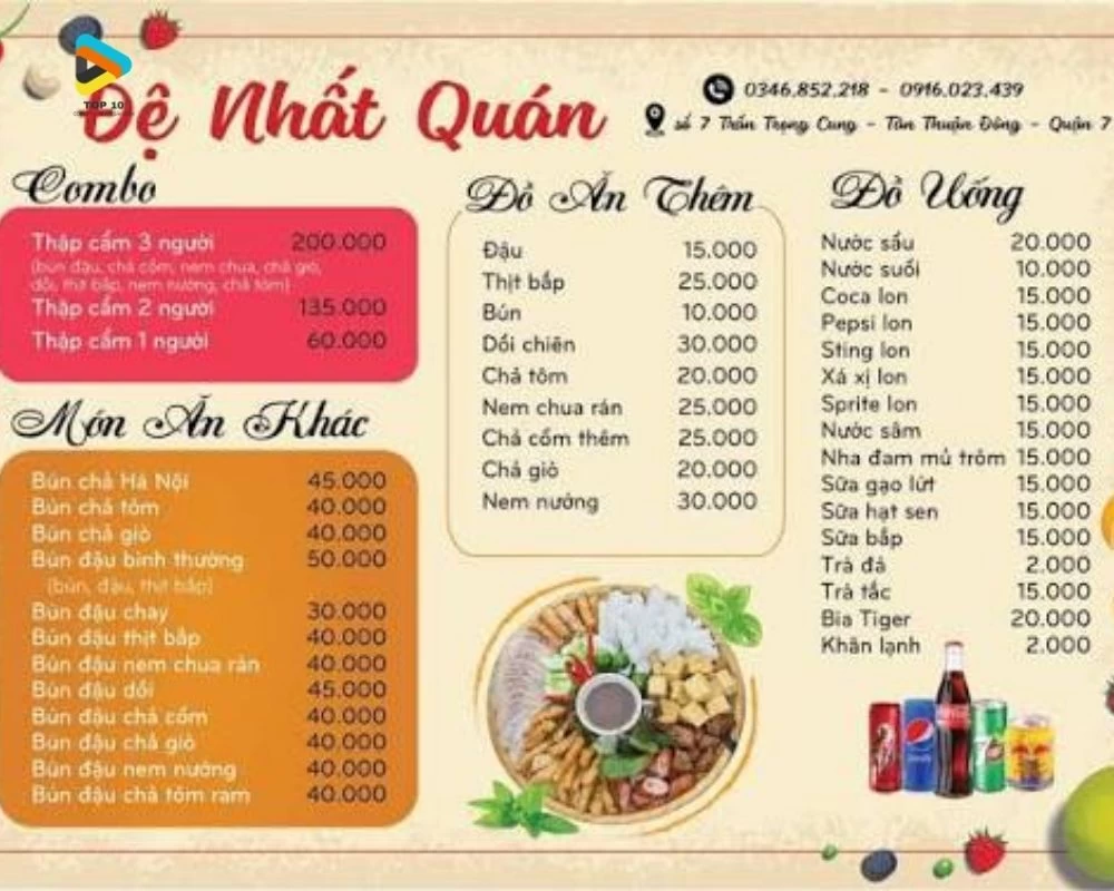 Menu bún đậu quán Đệ Nhất Quán
