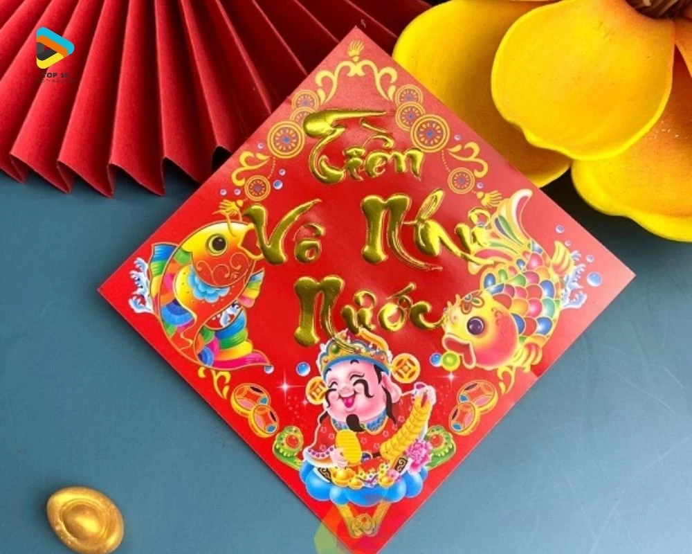 Tem chúc mừng năm mới in dòng chữ TIỀN VÔ NHƯ NƯỚC
